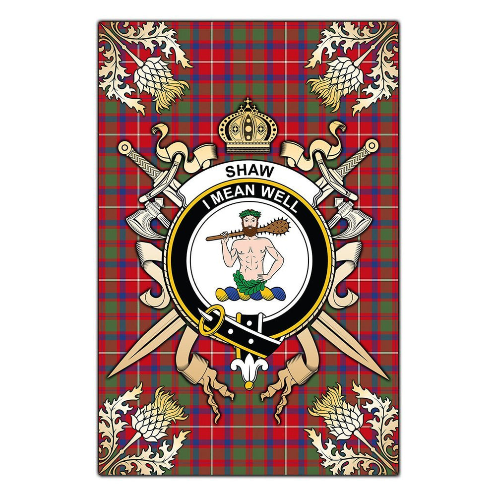 Clan Shaw Red Modern Tartan Crest Black Garden Flag - Gold Thistle CR60 Clan Shaw Tartan Today