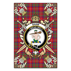 Clan Shaw Red Modern Tartan Crest Black Garden Flag - Gold Thistle CR60 Clan Shaw Tartan Today