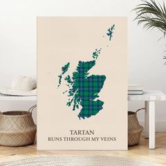 Clan Shaw Ancient Tartan Scotland Map Canvas “Tartan Runs Through My Veins” Wall Art ME99
