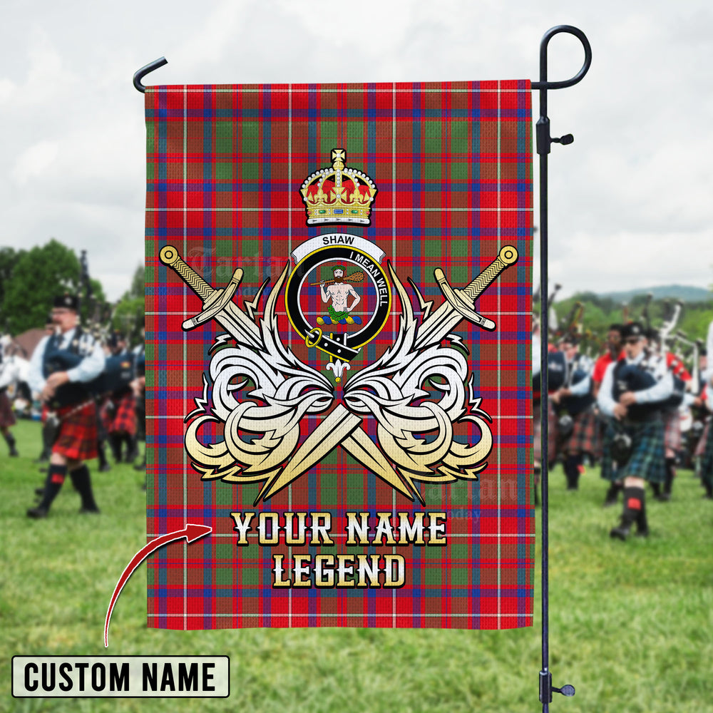 Personalized Custom Name Clan Shaw Red Modern Tartan Garden Flag with Clan Crest and the Golden Sword of Courageous Legacy KG74 - Shaw Red Modern Tartan Design, Scottish Heritage Gift