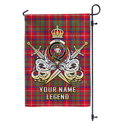 Custom Name Clan Shaw Red Modern Tartan Garden Flag with Clan Crest and the Golden Sword of Courageous Legacy KG74