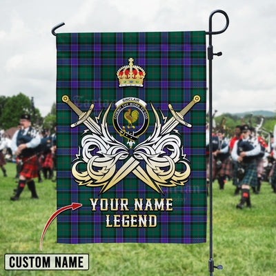 Custom Name Clan Sinclair Hunting Modern Tartan Garden Flag with Clan Crest and the Golden Sword of Courageous Legacy