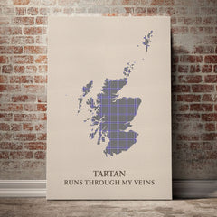Sir Walter Scott Tartan Scotland Map Canvas – “Tartan Runs Through My Veins” Wall Art