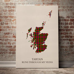 Skene Modern Tartan Scotland Map Canvas – “Tartan Runs Through My Veins” Wall Art