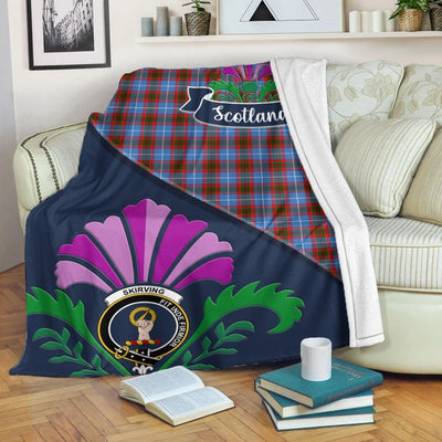 Clan Skirving Tartan Crest Premium Blanket Thistle Style