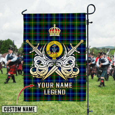 Custom Name Clan Smith Modern Tartan Garden Flag with Clan Crest and the Golden Sword of Courageous Legacy