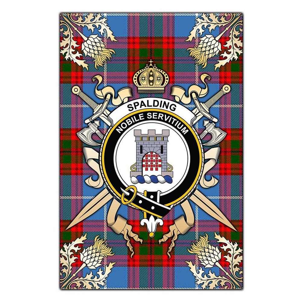 Clan Spalding Tartan Crest Black Garden Flag - Gold Thistle DX45 Clan Spalding Tartan Today