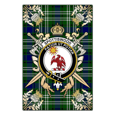 Clan Spottiswood Tartan Crest Black Garden Flag - Gold Thistle