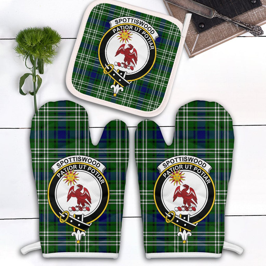 Clan Spottiswood Tartan Crest Oven Mitt And Pot Holder (2 Oven Mitts + 1 Pot Holder)