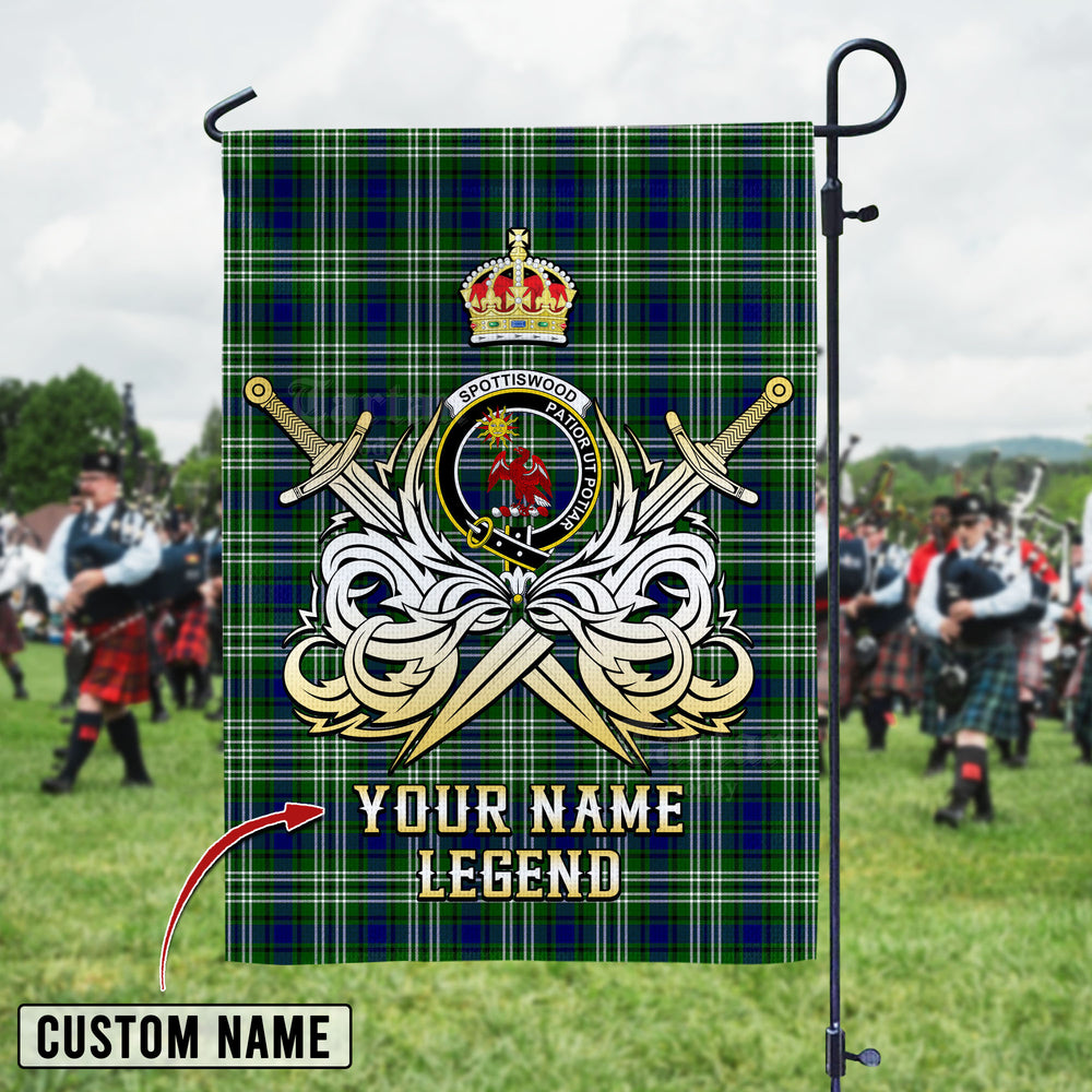 Personalized Custom Name Clan Spottiswood (Tweedside) Tartan Garden Flag with Clan Crest and the Golden Sword of Courageous Legacy FX23 - Spottiswood (Tweedside) Tartan Design, Scottish Heritage Gift