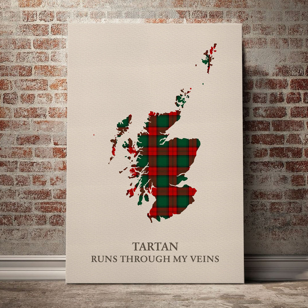 Stewart Atholl Modern Tartan Scotland Map Canvas – “Tartan Runs Through My Veins” Wall Art