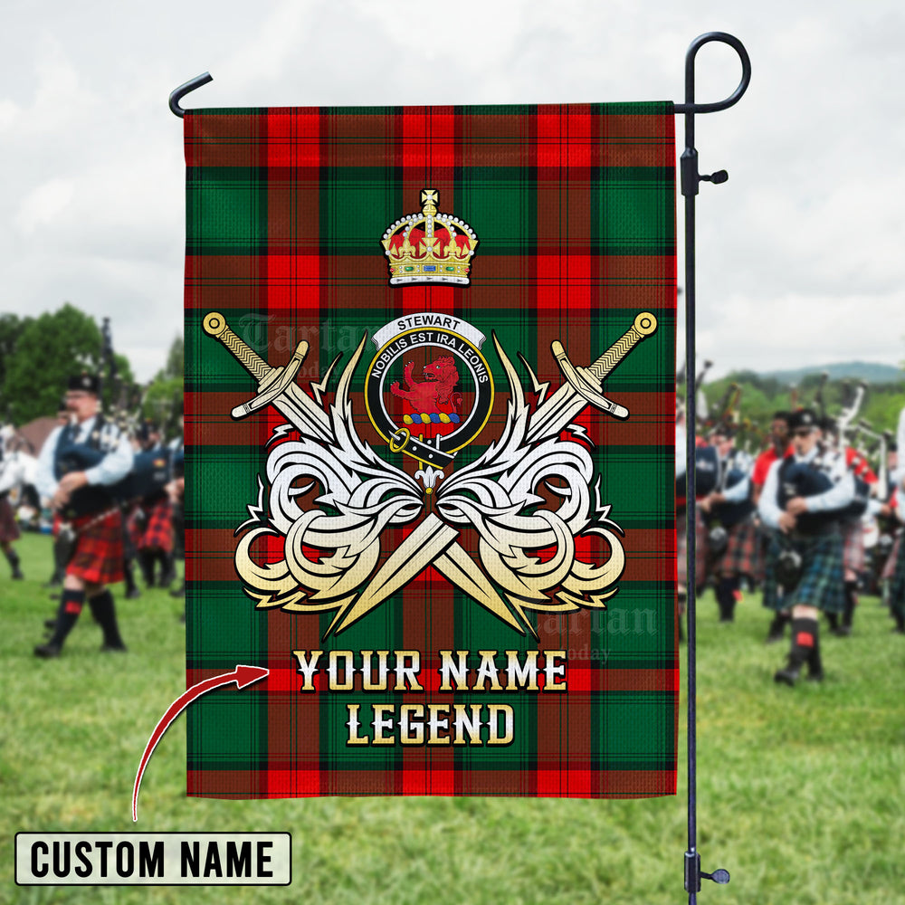 Personalized Custom Name Clan Stewart Atholl Modern Tartan Garden Flag with Clan Crest and the Golden Sword of Courageous Legacy PZ31 - Stewart Atholl Modern Tartan Design, Scottish Heritage Gift