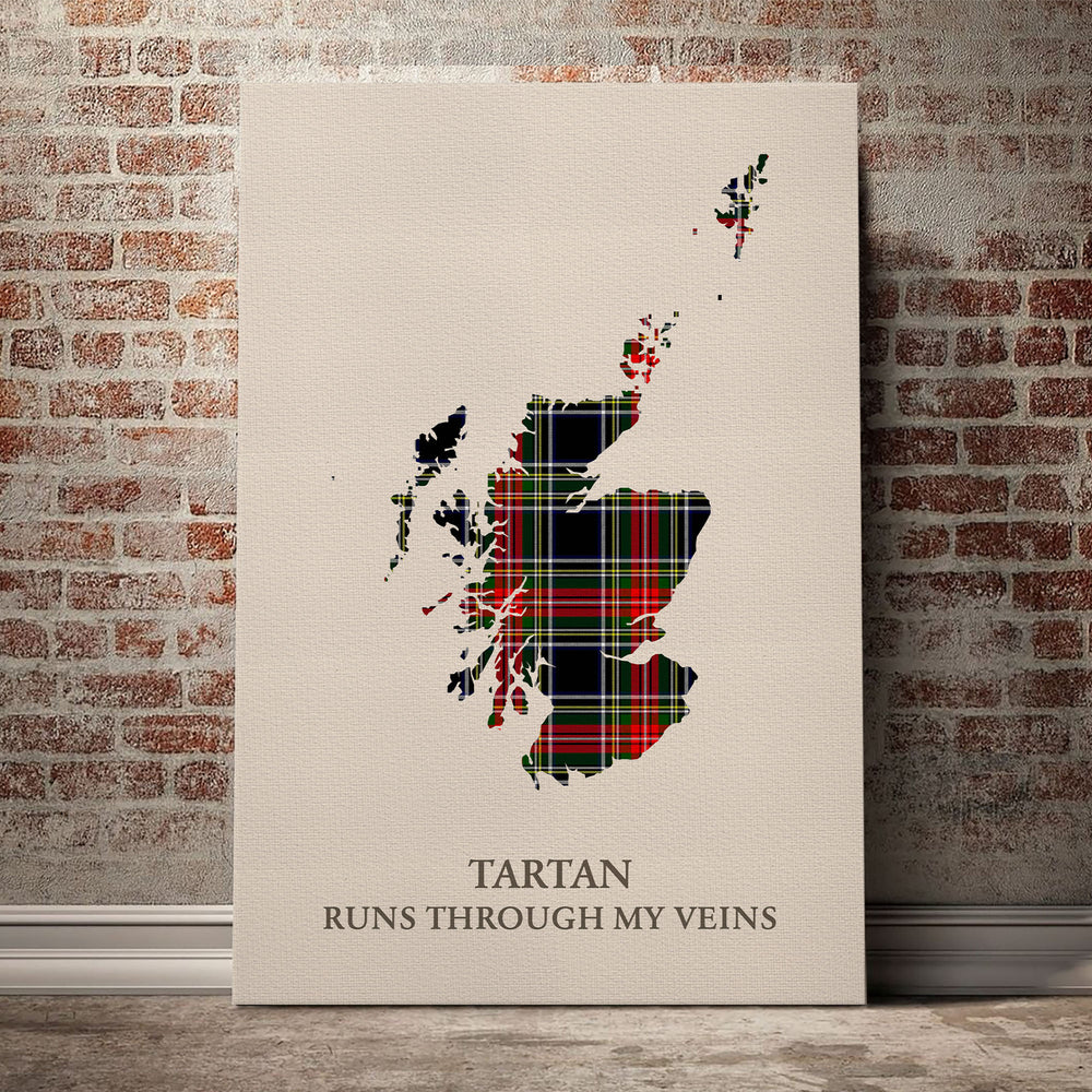 Stewart Black Tartan Scotland Map Canvas – “Tartan Runs Through My Veins” Wall Art