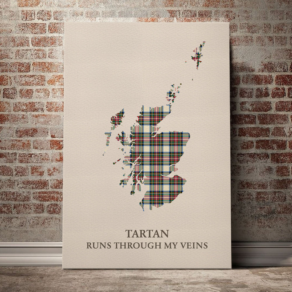 Stewart Dress Ancient Tartan Scotland Map Canvas – “Tartan Runs Through My Veins” Wall Art