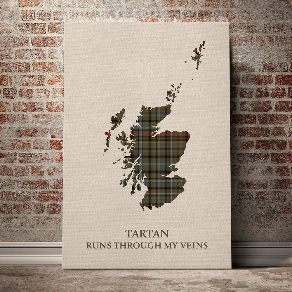 Stewart Hunting Weathered Tartan Scotland Map Canvas – “Tartan Runs Through My Veins” Wall Art
