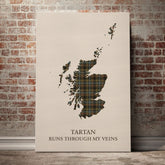Stewart Hunting Weathered Tartan Scotland Map Canvas – “Tartan Runs Through My Veins” Wall Art