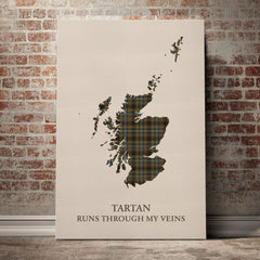 Stewart Hunting Weathered Tartan Scotland Map Canvas – “Tartan Runs Through My Veins” Wall Art