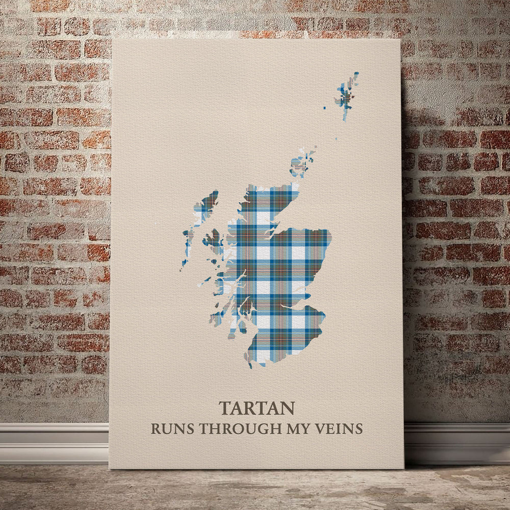 Stewart Muted Blue Tartan Scotland Map Canvas – “Tartan Runs Through My Veins” Wall Art