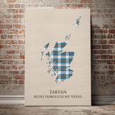 Stewart Muted Blue Tartan Scotland Map Canvas – “Tartan Runs Through My Veins” Wall Art