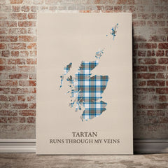 Stewart Muted Blue Tartan Scotland Map Canvas – “Tartan Runs Through My Veins” Wall Art
