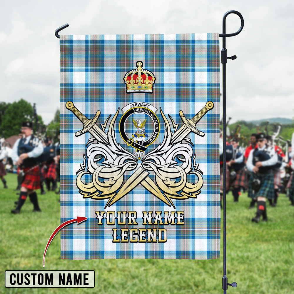 Personalized Custom Name Clan Stewart Muted Blue Tartan Garden Flag with Clan Crest and the Golden Sword of Courageous Legacy PW68 - Stewart Muted Blue Tartan Design, Scottish Heritage Gift