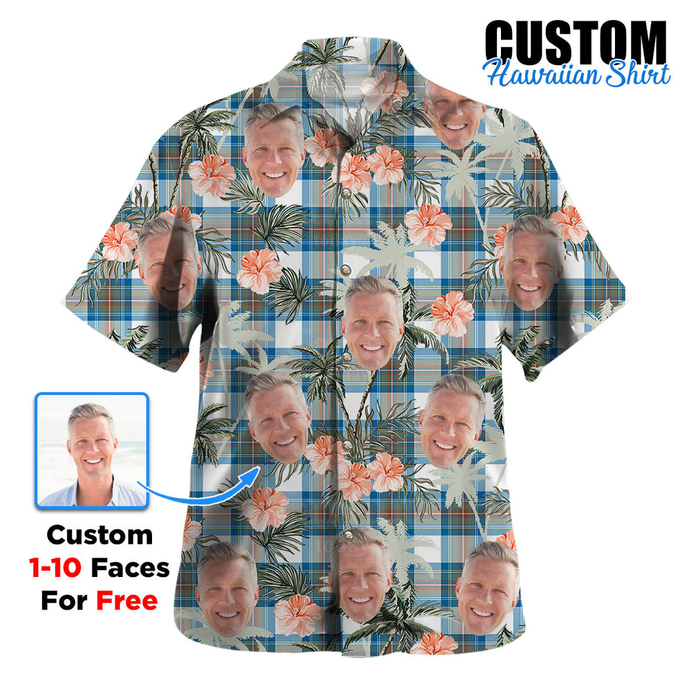 Clan Stewart Muted Blue Tartan Custom Face Hawaiian Shirt – Unisex Gift for Family Members, Summer Party GR27 Stewart Muted Blue Tartan Tartan Hawaii Shirt