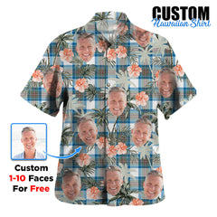 Clan Stewart Muted Blue Tartan Custom Face Hawaiian Shirt – Unisex Gift for Family Members, Summer Party GR27 Stewart Muted Blue Tartan Tartan Hawaii Shirt