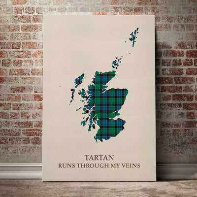 Clan Stewart Old Ancient Tartan Scotland Map Canvas “Tartan Runs Through My Veins” Wall Art WM50