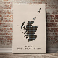 Stewart Old Weathered Tartan Scotland Map Canvas – “Tartan Runs Through My Veins” Wall Art