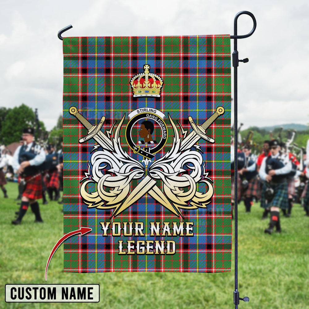 Personalized Custom Name Clan Stirling (of Keir) Tartan Garden Flag with Clan Crest and the Golden Sword of Courageous Legacy QM65 - Stirling (of Keir) Tartan Design, Scottish Heritage Gift