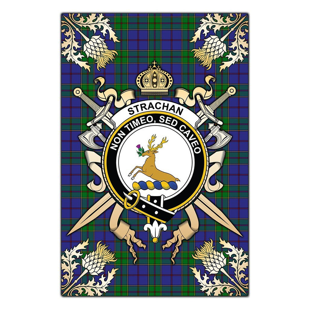 Clan Strachan Tartan Crest Black Garden Flag - Gold Thistle FE73 Clan Strachan Tartan Today
