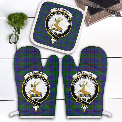 Clan Strachan Tartan Crest Oven Mitt And Pot Holder (2 Oven Mitts + 1 Pot Holder)