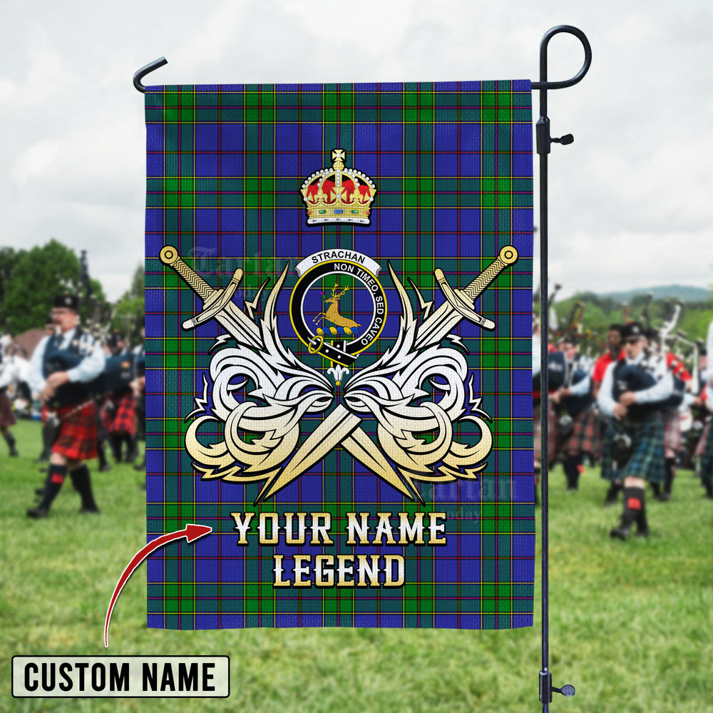 Personalized Custom Name Clan Strachan Tartan Garden Flag with Clan Crest and the Golden Sword of Courageous Legacy FQ52 - Strachan Tartan Design, Scottish Heritage Gift