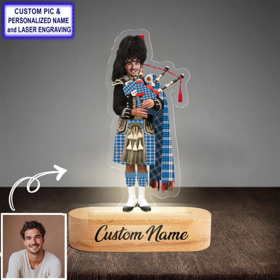 Custom Bagpipe Strathclyde District Tartan LED Night Light - Personalized Scottish Bagpiper Figurine with Wooden Stand