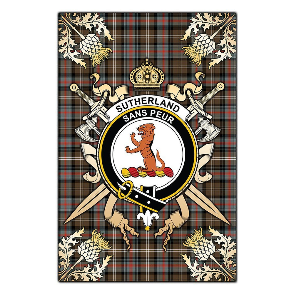 Clan Sutherland Weathered Tartan Crest Black Garden Flag - Gold Thistle DX21 Clan Sutherland Tartan Today