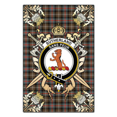 Clan Sutherland Weathered Tartan Crest Black Garden Flag - Gold Thistle DX21 Clan Sutherland Tartan Today