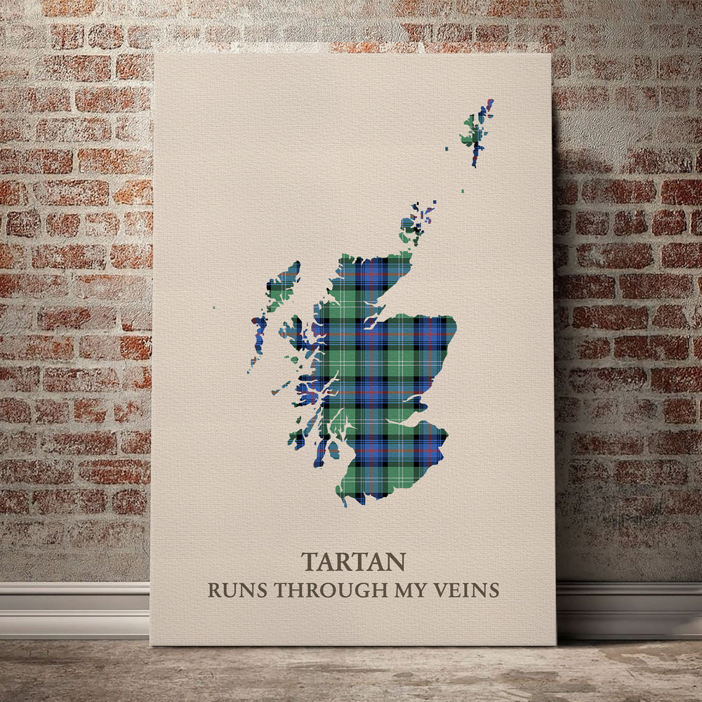 Sutherland Old Ancient Tartan Scotland Map Canvas – “Tartan Runs Through My Veins” Wall Art