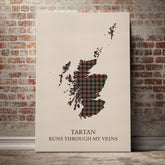 Sutherland Weathered Tartan Scotland Map Canvas – “Tartan Runs Through My Veins” Wall Art