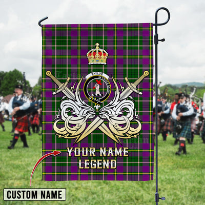 Custom Name Clan Taylor Tartan Garden Flag with Clan Crest and the Golden Sword of Courageous Legacy