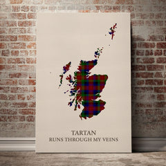 Tennant Tartan Scotland Map Canvas – “Tartan Runs Through My Veins” Wall Art