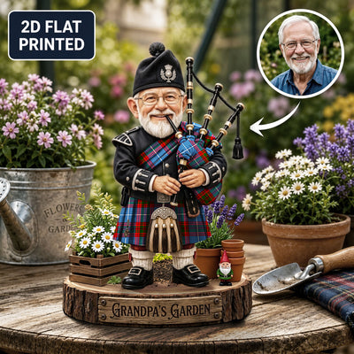 Personalized Trotter Clan Bagpipe Garden Gnome Caricature Plaque Custom Photo, Any Clan Tartan, Wood or Acrylic, Grandpa & Dad Gift, Scottish Highland Garden Decor DF76