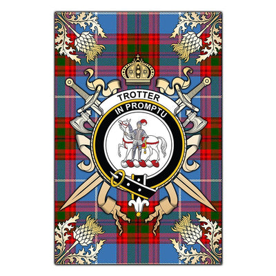Clan Trotter Tartan Crest Black Garden Flag - Gold Thistle