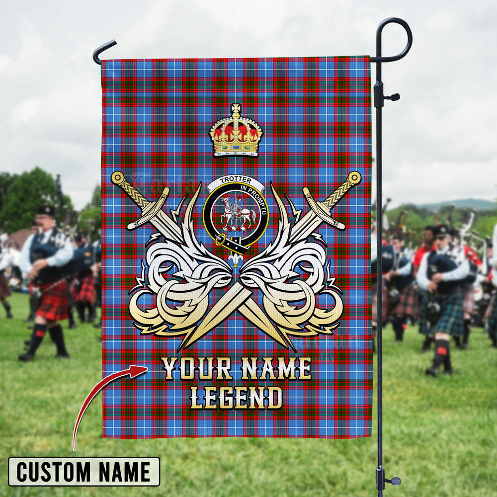 Personalized Custom Name Clan Trotter Tartan Garden Flag with Clan Crest and the Golden Sword of Courageous Legacy XC33 - Trotter Tartan Design, Scottish Heritage Gift