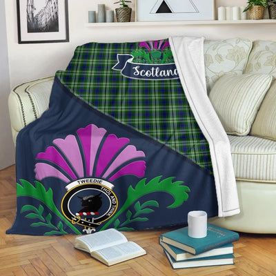Clan Tweedie Tartan Crest Premium Blanket Thistle Style