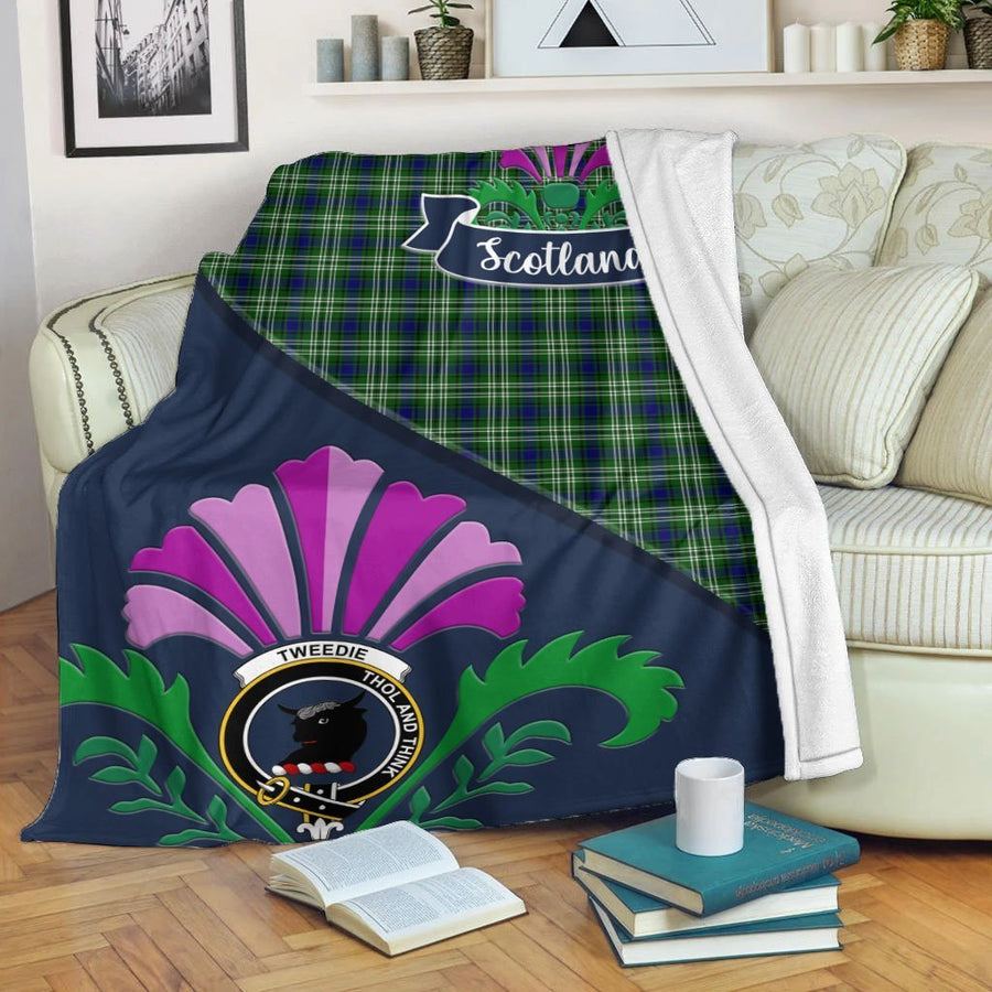 Clan Tweedie Tartan Crest Premium Blanket Thistle Style