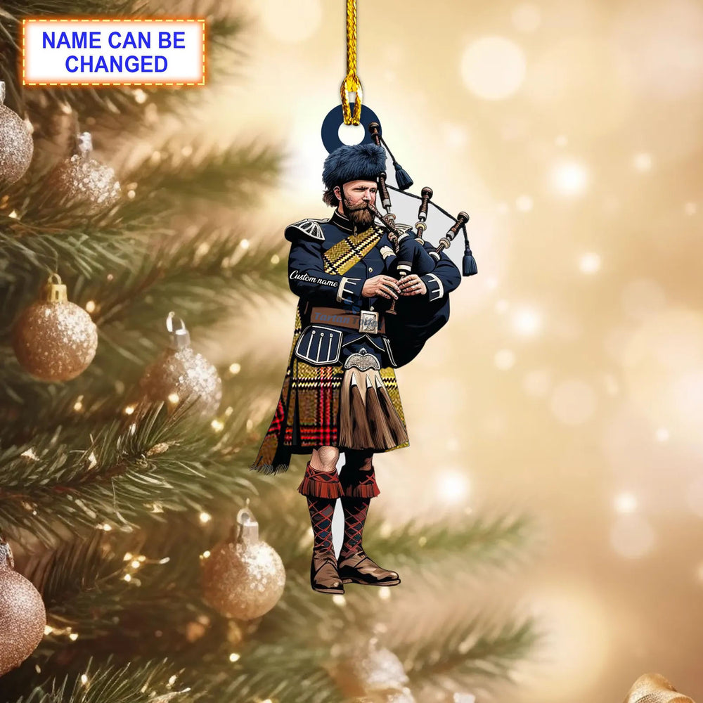 Ulster Brown Modern Tartan Bagpipe Ornament with Custom Name