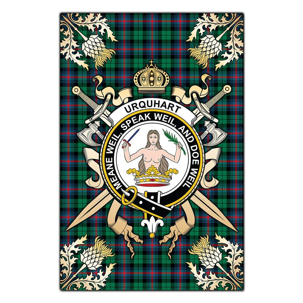 Clan Urquhart Broad Red Ancient Tartan Crest Black Garden Flag - Gold Thistle XY79 Clan Urquhart Tartan Today