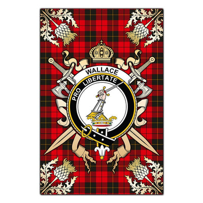 Clan Wallace Weathered Tartan Crest Black Garden Flag - Gold Thistle