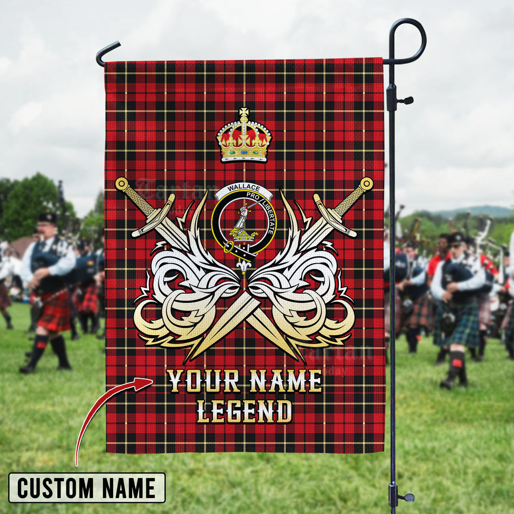 Personalized Custom Name Clan Wallace Hunting Tartan Garden Flag with Clan Crest and the Golden Sword of Courageous Legacy NE13 - Wallace Hunting Tartan Design, Scottish Heritage Gift