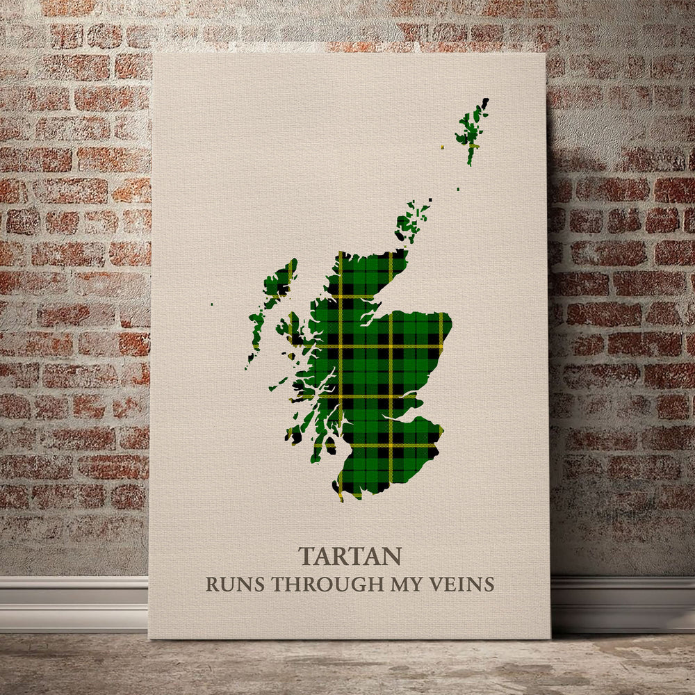 Wallace Hunting Green Tartan Scotland Map Canvas – “Tartan Runs Through My Veins” Wall Art